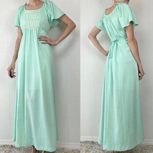 Vintage Seafoam Blue Green Flutter Sleeve Maxi Dress Small